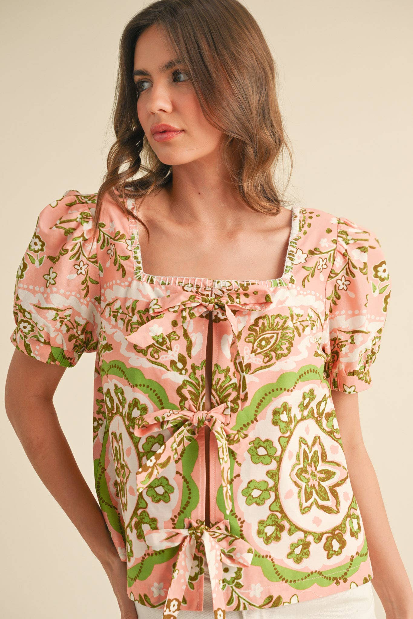 MEDALLION PRINT TIE FRONT PUFF SLEEVE TOP MTP3930
