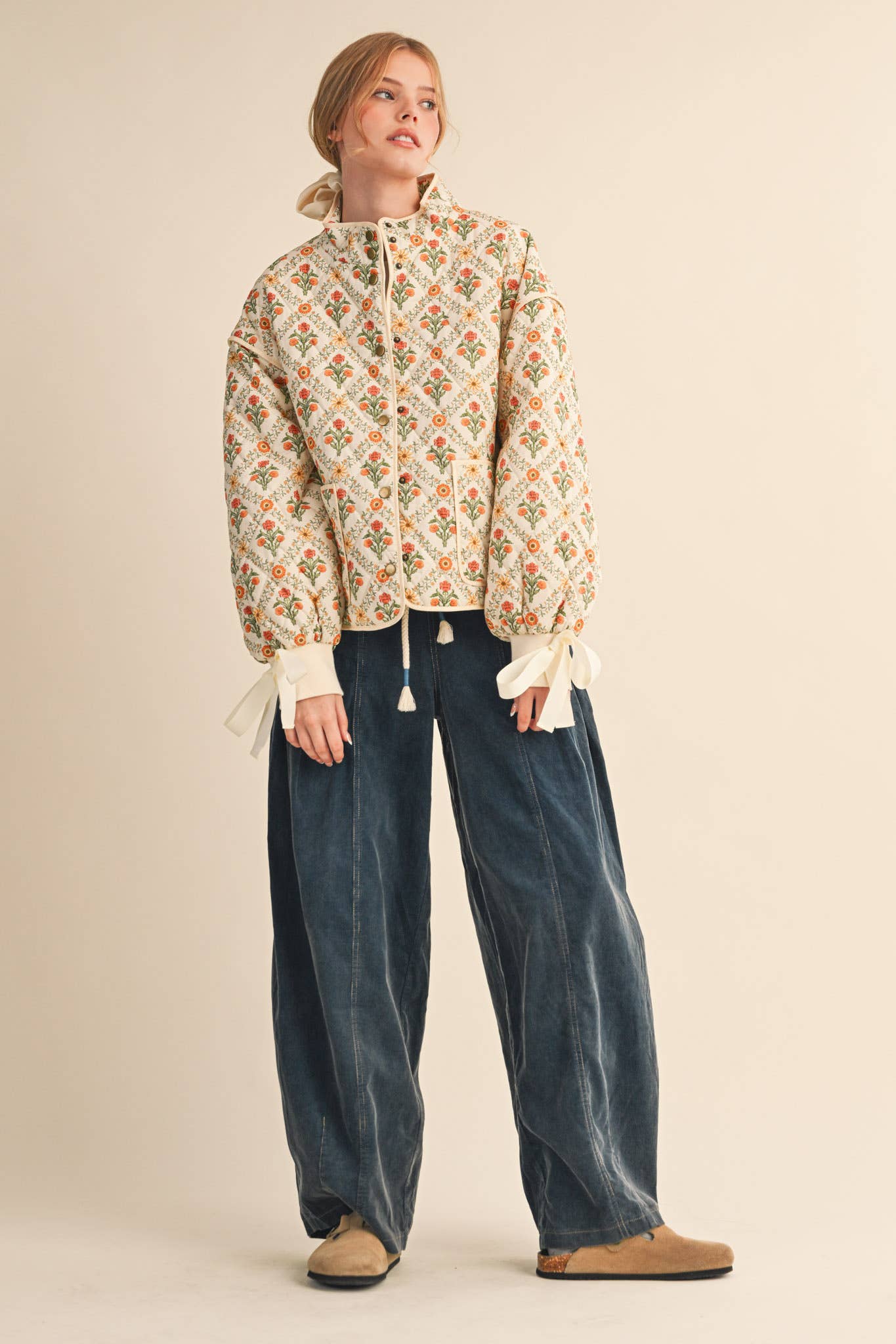 FLORAL QUILTED JACKET WITH RIBBON DETAIL