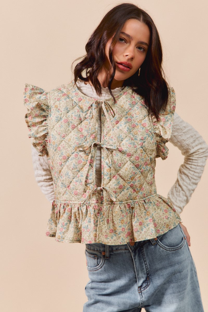 Floral Woven Print Ruffled Quilted Vest