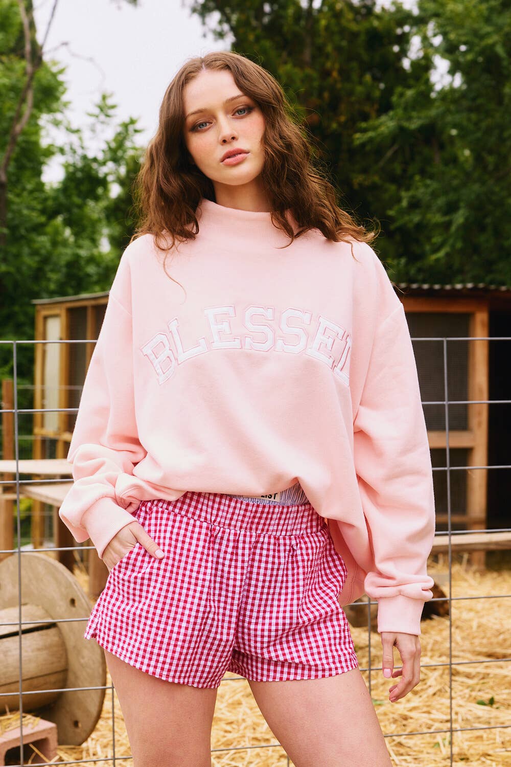 IT2594-BLESSED | 'BLESSED' Embroidered Mockneck Sweatshirt