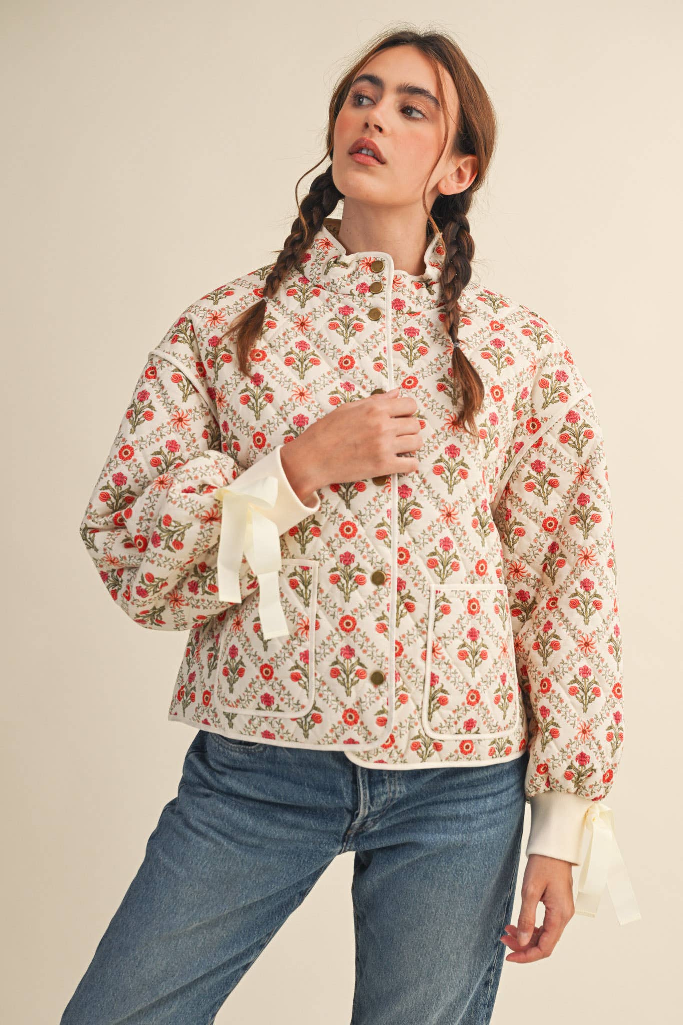 FLORAL QUILTED JACKET WITH RIBBON DETAIL
