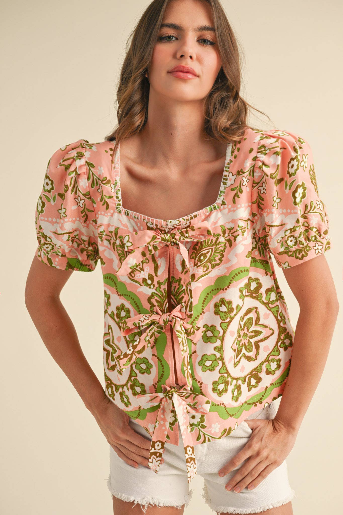 MEDALLION PRINT TIE FRONT PUFF SLEEVE TOP MTP3930
