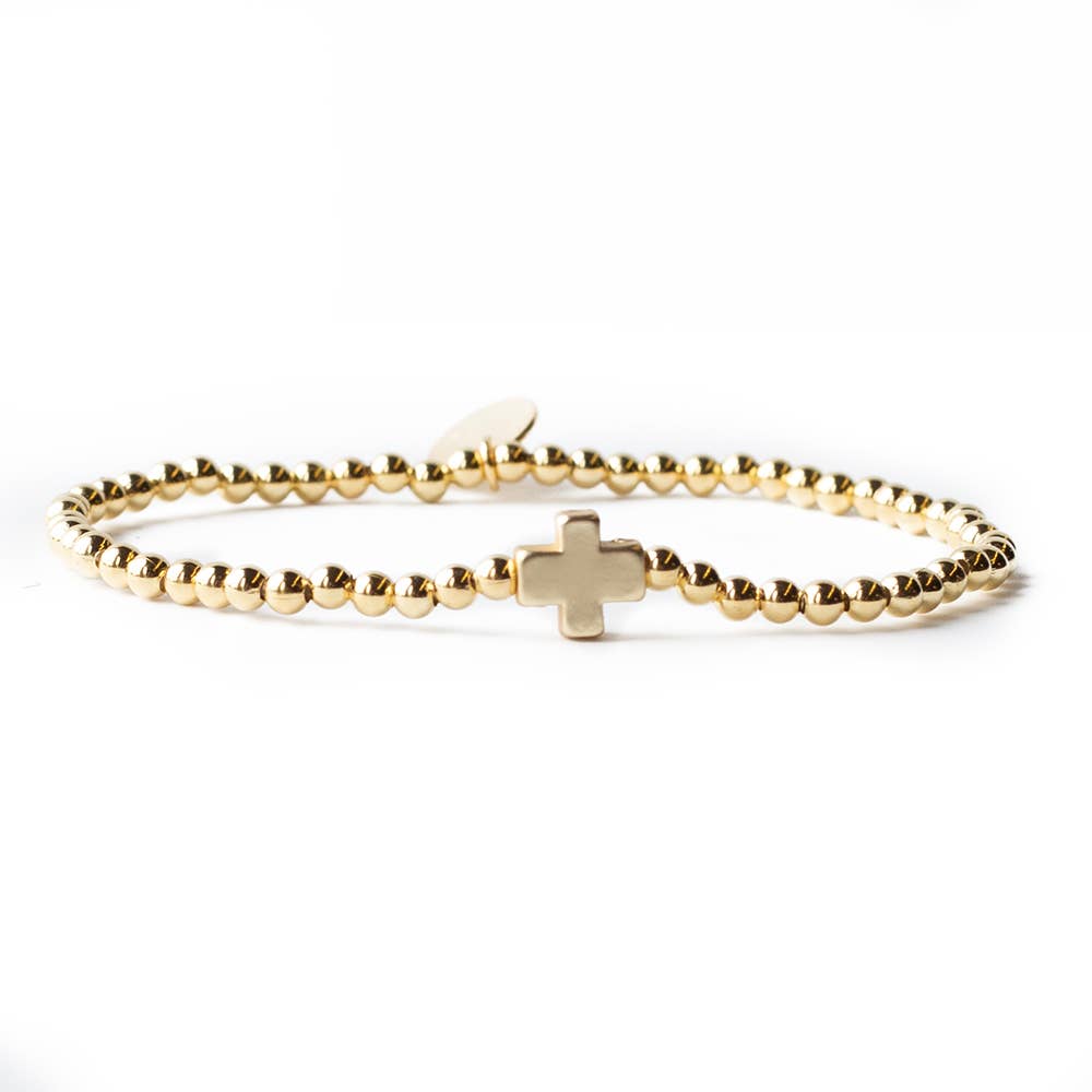 Faith Over Fear Gold Beaded Stretch Bracelet w/ Cross
