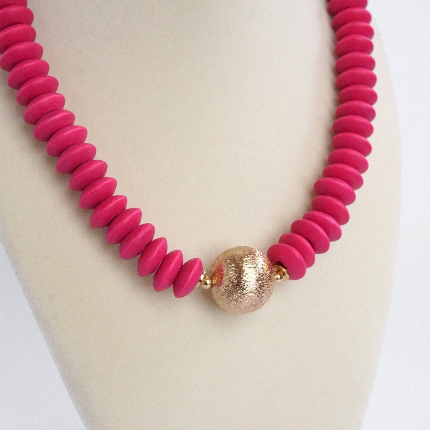 Wood Saucer Beads Short Statement Necklace Gold center Hot Pink Beige Turquoise